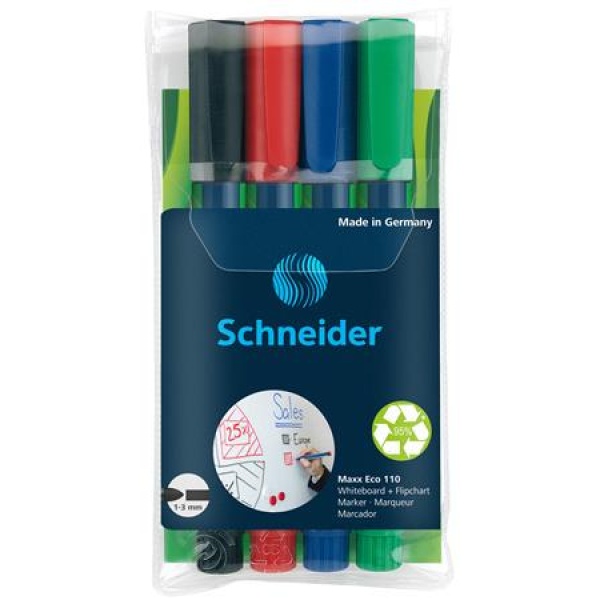 Tábla- és flipchart marker készlet, 1-3 mm, kúpos, SCHNEIDER „Maxx Eco 110 , 4 különböző szín